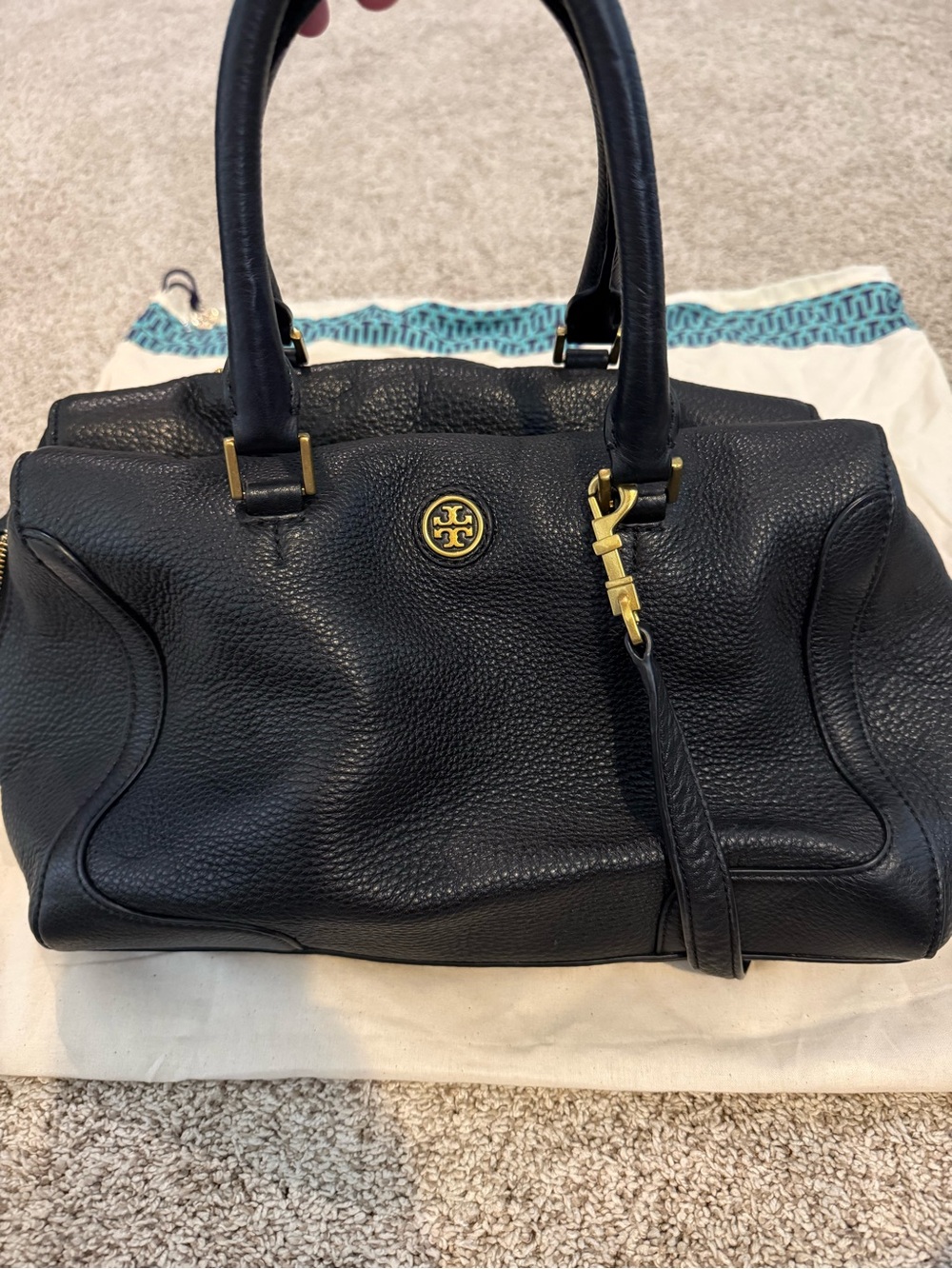 Tory Burch Black Pebbled Leather Satchel with Gold Hardware with cloth bag
